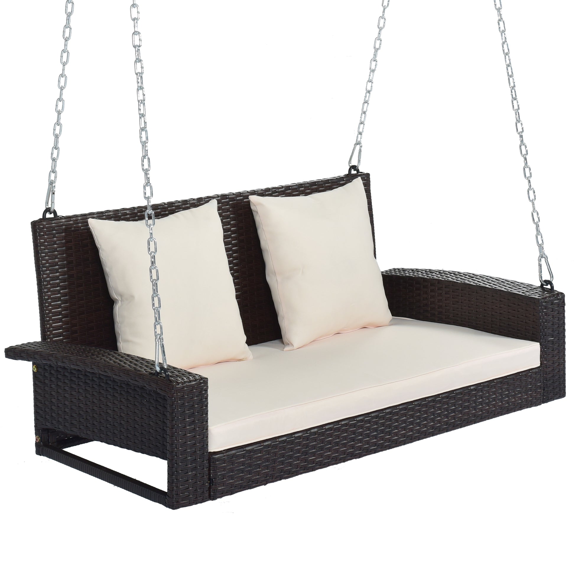 2-Person Wicker Hanging Porch Swing with Chains, Cushion, Pillow, Rattan Swing Bench for Garden, Backyard, Pond.