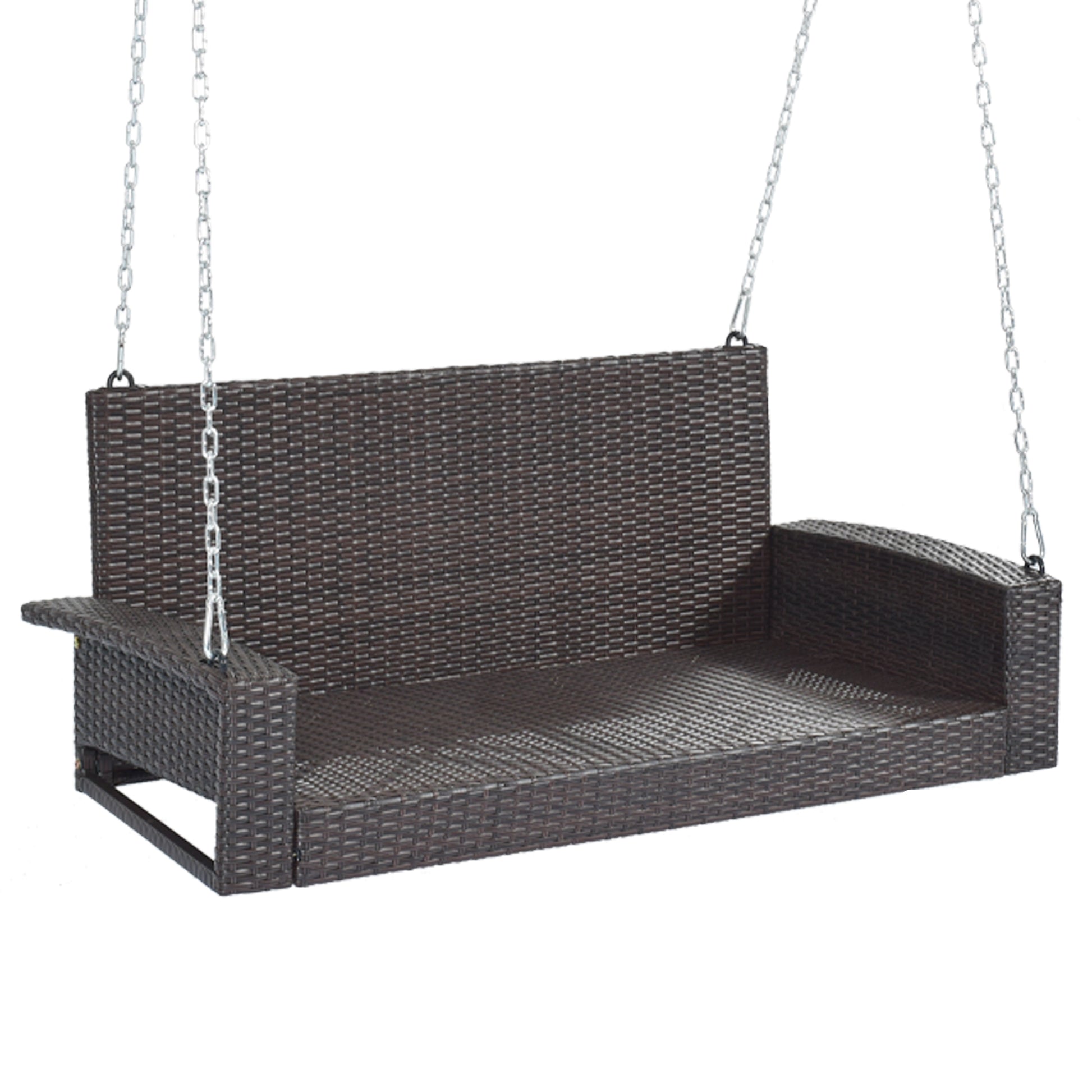 2-Person Wicker Hanging Porch Swing with Chains, Cushion, Pillow, Rattan Swing Bench for Garden, Backyard, Pond.