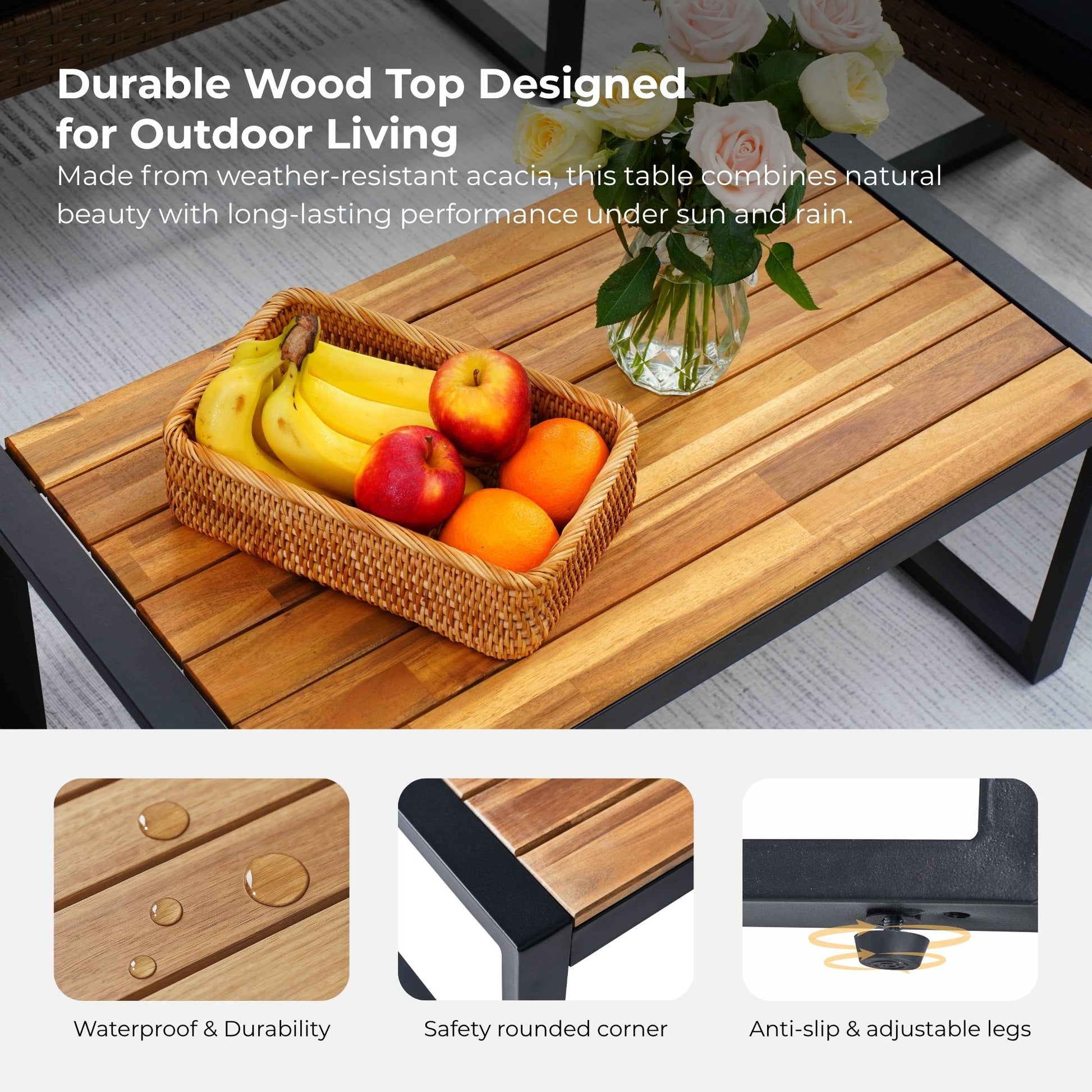 4-Piece Patio Furniture Set, Outdoor Balcony & Garden Seating with Acacia Wood Tabletop, Modern Black & Light Brown