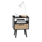 15.75" Rattan End table with Power Outlet & USB Ports , Modern nightstand with drawer and solid wood legs, side table for living room, bedroom