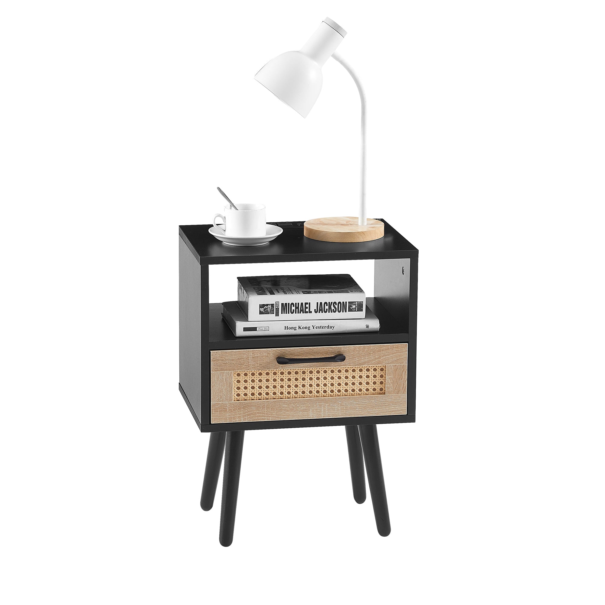15.75" Rattan End table with Power Outlet & USB Ports , Modern nightstand with drawer and solid wood legs, side table for living room, bedroom