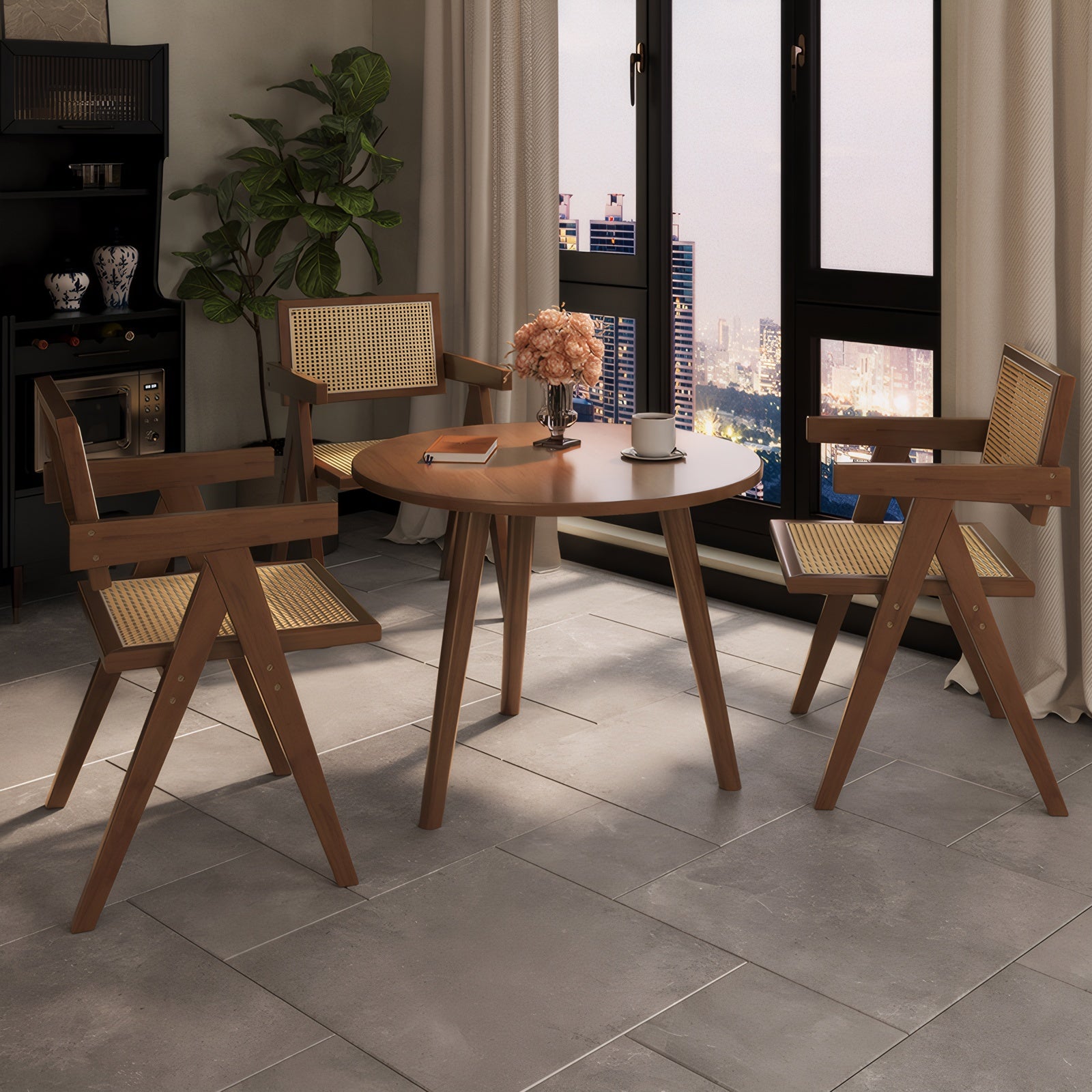 Modern Mid Century Dining Chairs Set of 2, Rattan Accent Chairs, Comfy Armchairs, Outdoor Wood Chairs with Armrest for Bedroom Living Room Reading Room Dining Kitchen