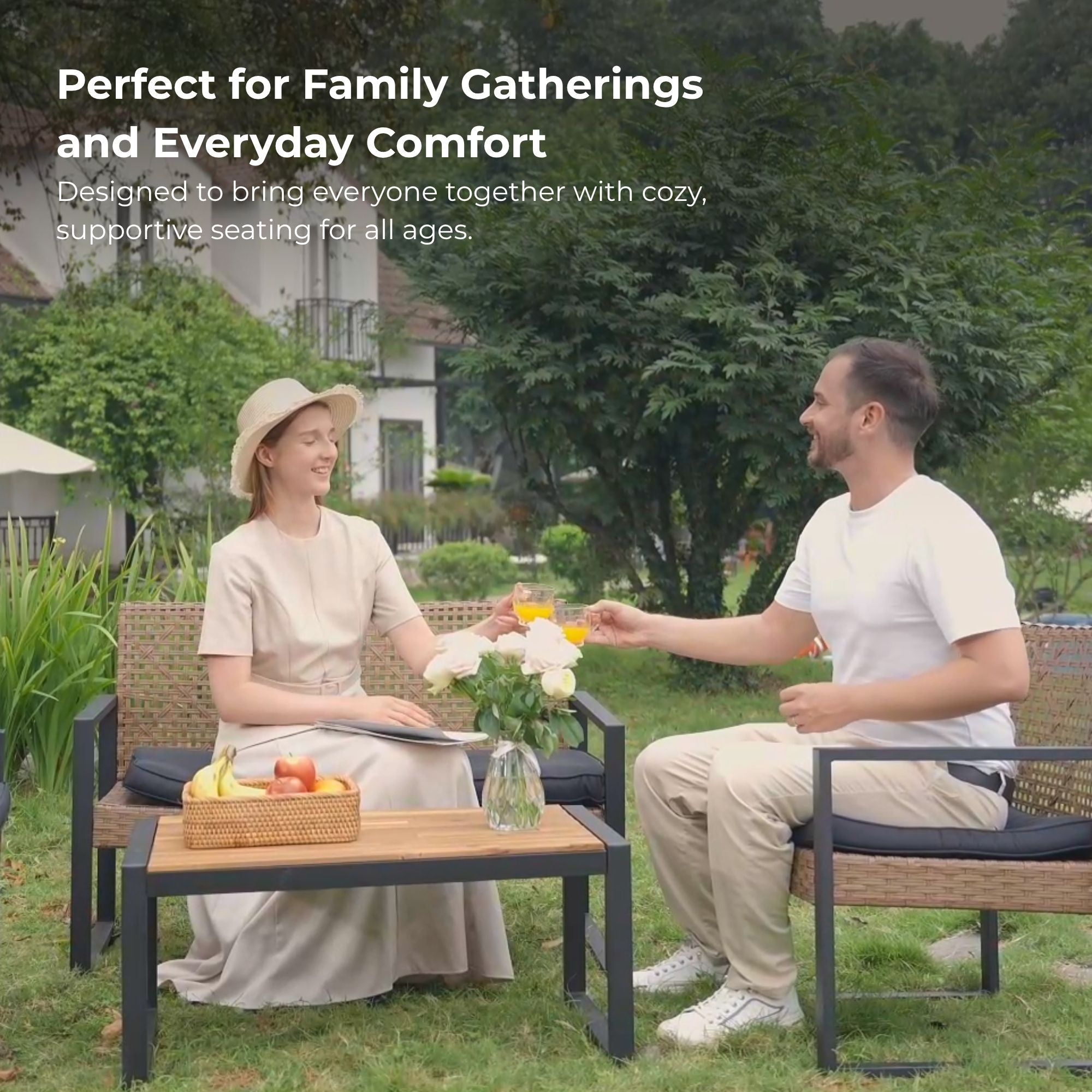 4-Piece Patio Furniture Set, Outdoor Balcony & Garden Seating with Acacia Wood Tabletop, Modern Black & Light Brown