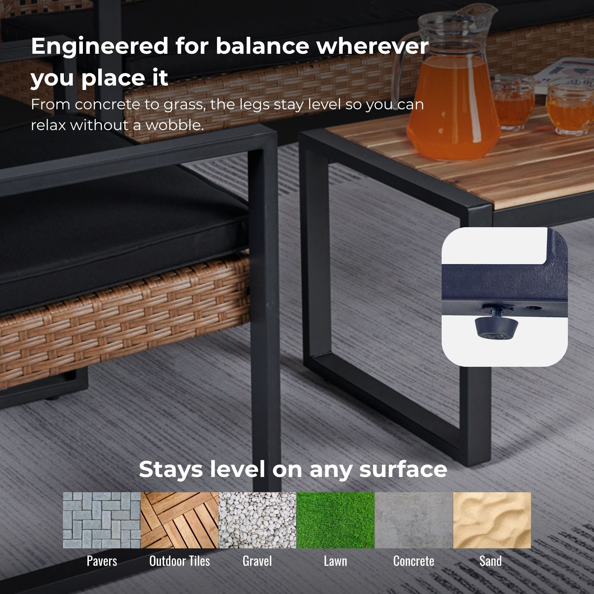 4-Piece Patio Furniture Set, Outdoor Balcony & Garden Seating with Acacia Wood Tabletop, Modern Black & Light Brown