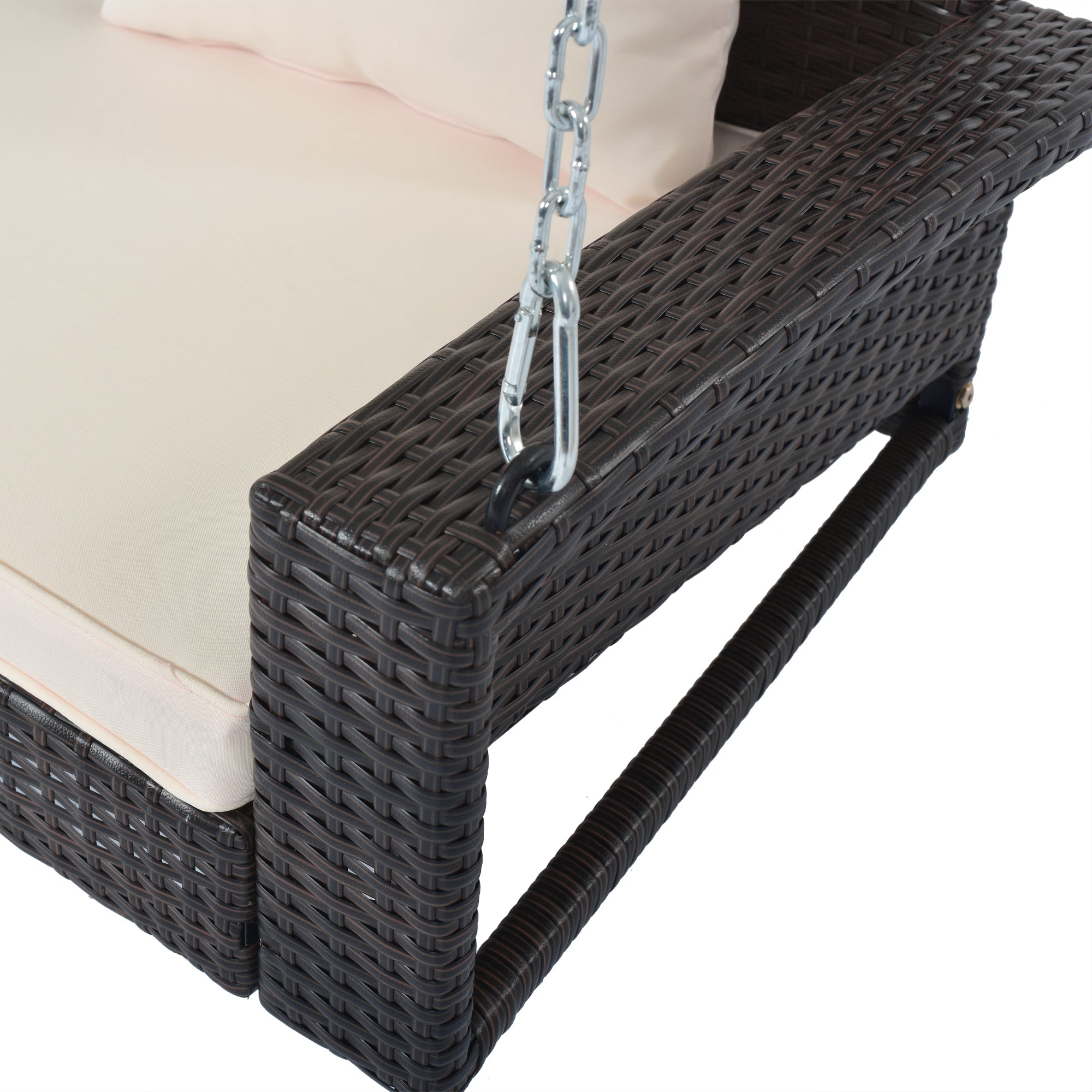 2-Person Wicker Hanging Porch Swing with Chains, Cushion, Pillow, Rattan Swing Bench for Garden, Backyard, Pond.