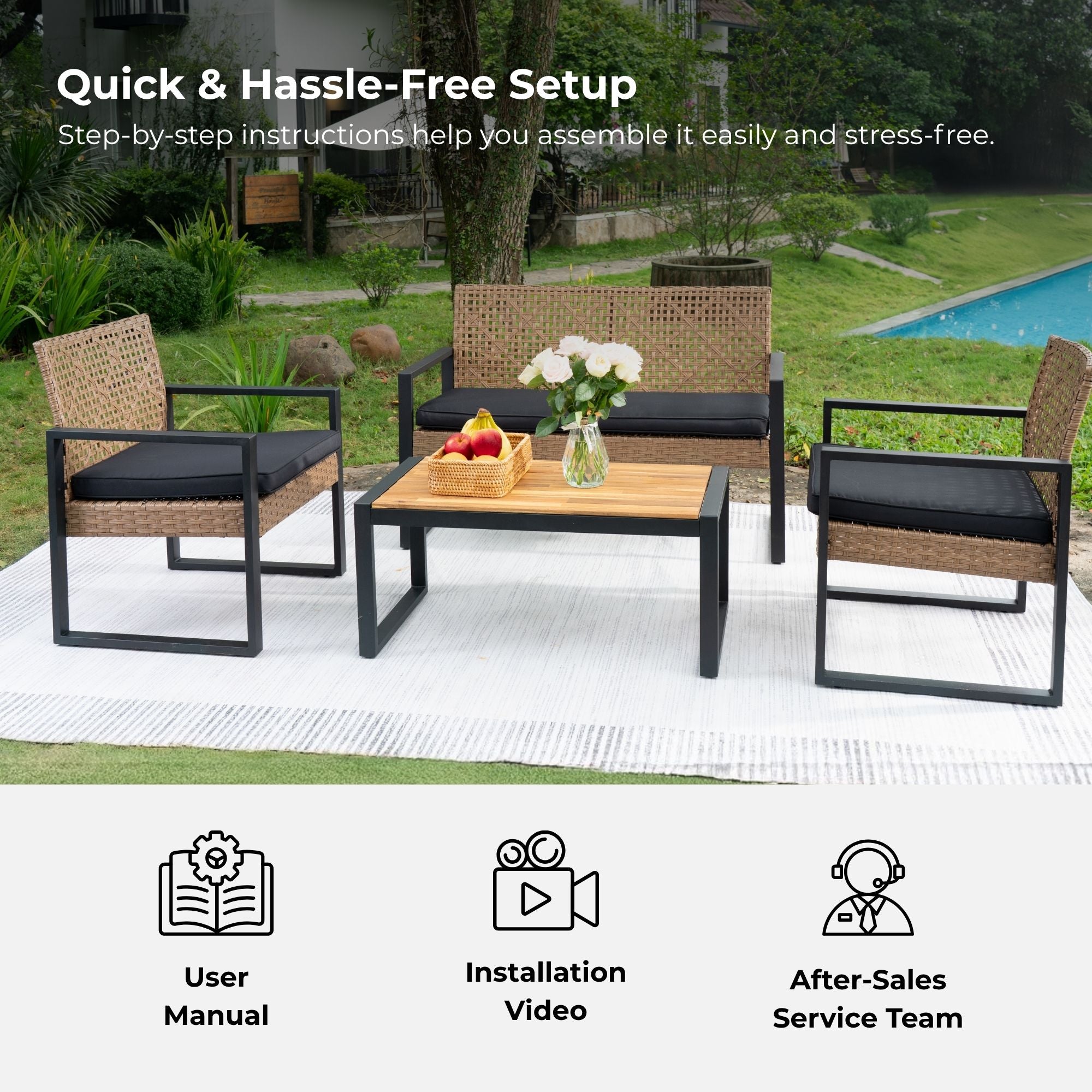 4-Piece Patio Furniture Set, Outdoor Balcony & Garden Seating with Acacia Wood Tabletop, Modern Black & Light Brown