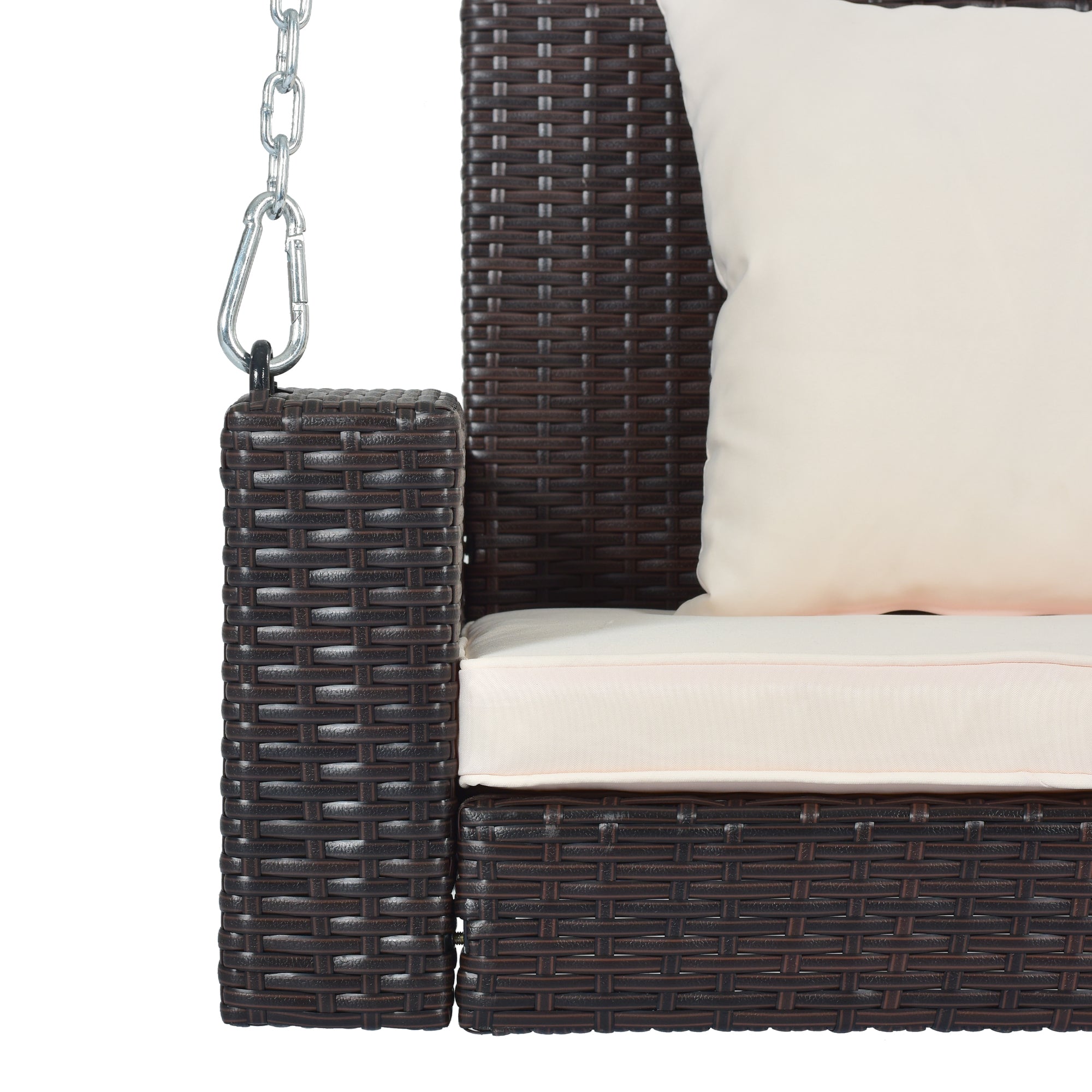 2-Person Wicker Hanging Porch Swing with Chains, Cushion, Pillow, Rattan Swing Bench for Garden, Backyard, Pond.