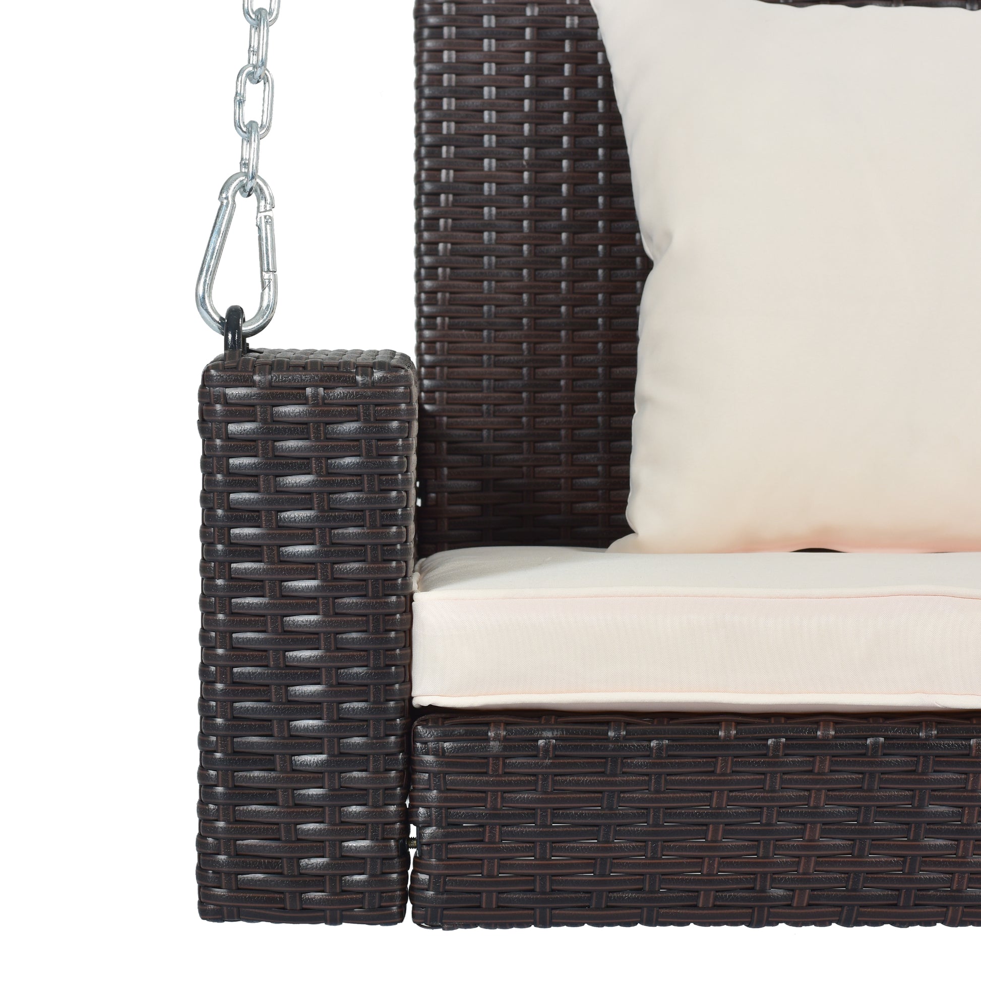 2-Person Wicker Hanging Porch Swing with Chains, Cushion, Pillow, Rattan Swing Bench for Garden, Backyard, Pond.