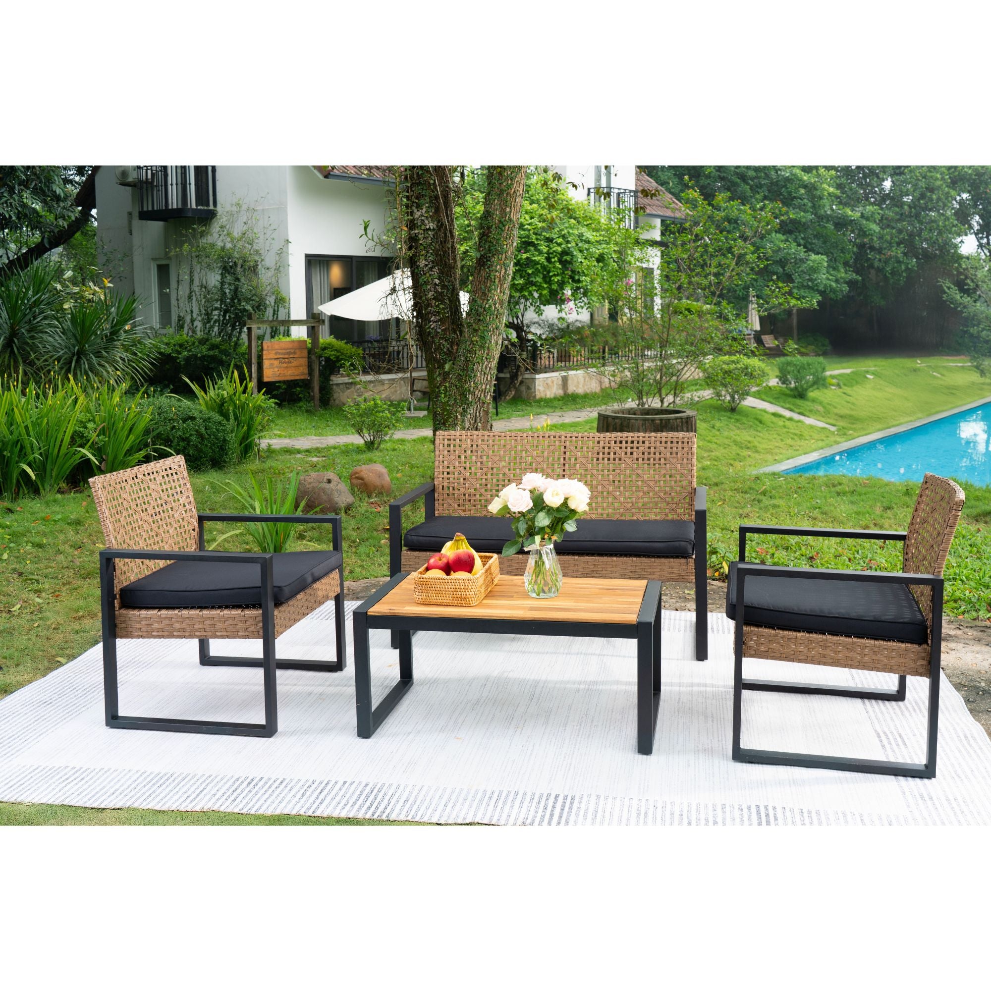 4-Piece Patio Furniture Set, Outdoor Balcony & Garden Seating with Acacia Wood Tabletop, Modern Black & Light Brown