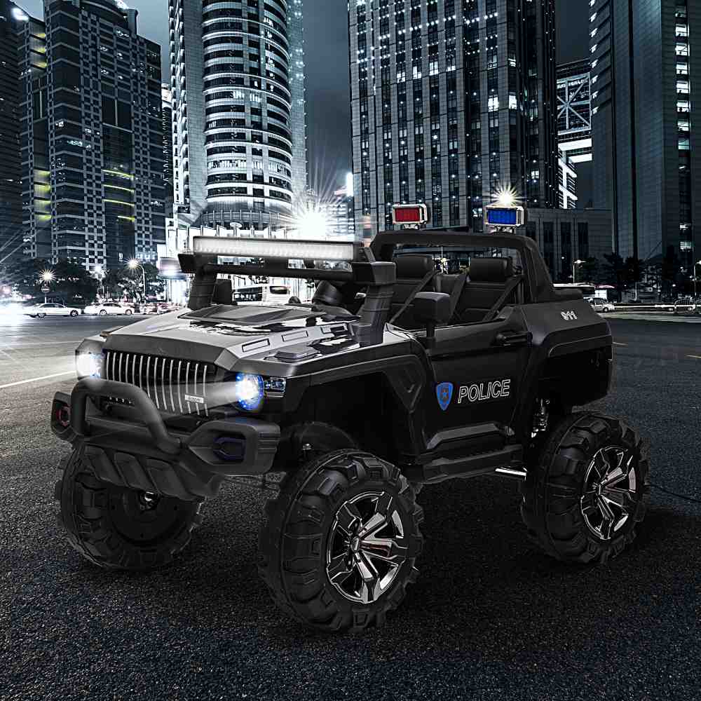 12V Police Car Ride On Truck Car, 2-Seater Battery Powered Electric Car W/Parents Remote Control, Siren, Music, Bluetooth, Horn
