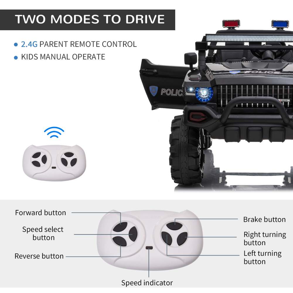 12V Police Car Ride On Truck Car, 2-Seater Battery Powered Electric Car W/Parents Remote Control, Siren, Music, Bluetooth, Horn