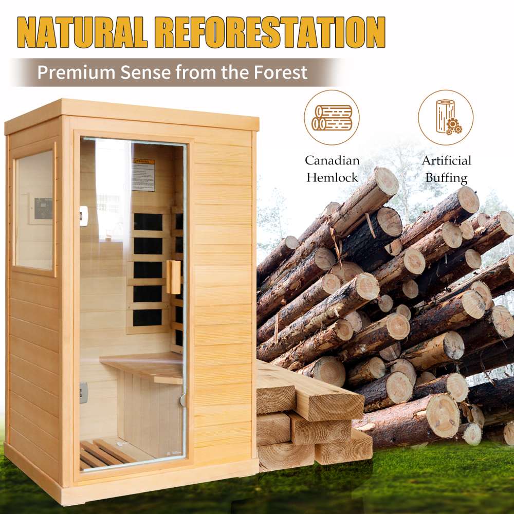 Far-Infrared Hemlock Sauna Room / Low EMF Outdoor Indoor Wooden Sauna w/ Bluetooth Speakers