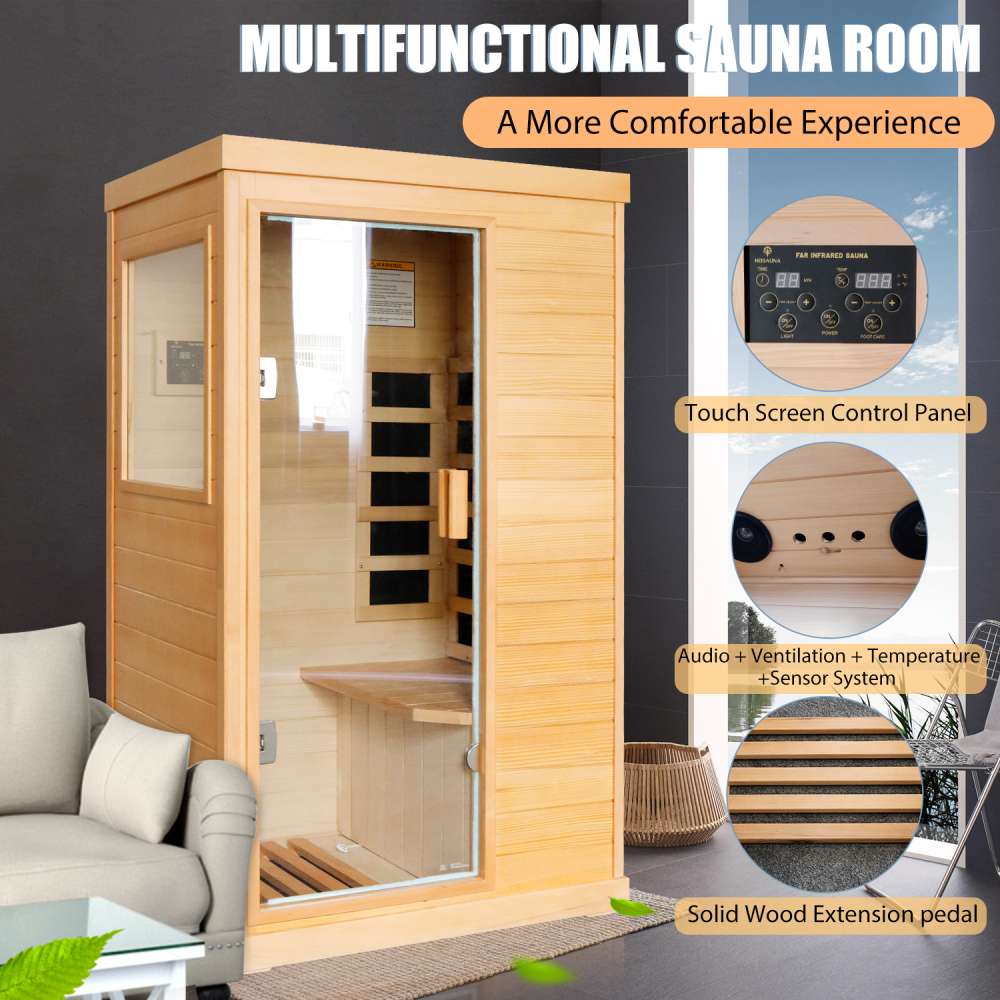 Far-Infrared Hemlock Sauna Room / Low EMF Outdoor Indoor Wooden Sauna w/ Bluetooth Speakers