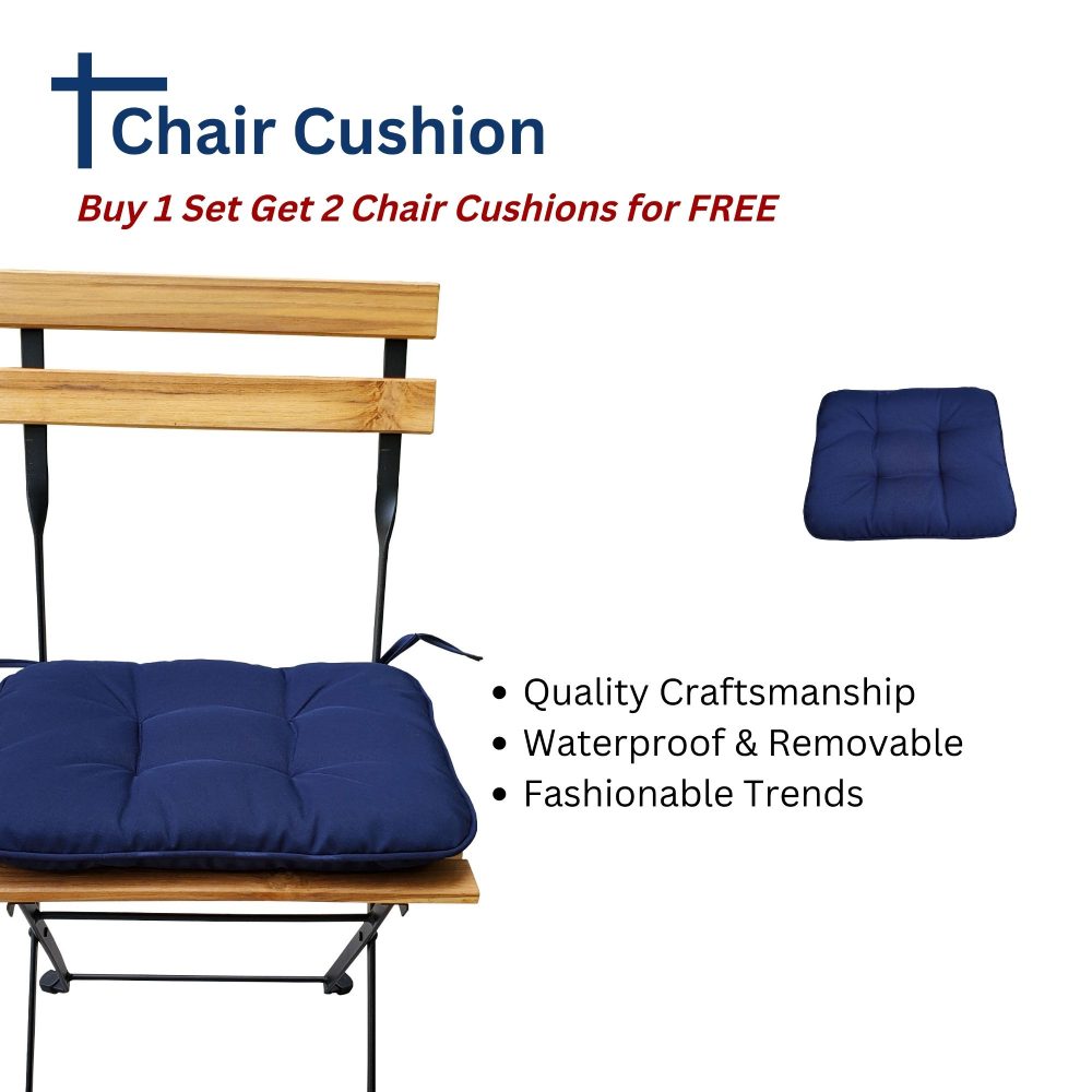 Solid Teak Patio Folding Bistro Set / 3 Piece Foldable Patio Furniture Table and Chairs with 2 cushions