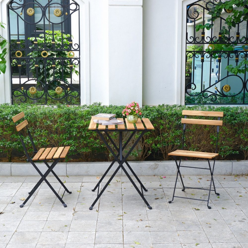 Solid Teak Patio Folding Bistro Set / 3 Piece Foldable Patio Furniture Table and Chairs with 2 cushions