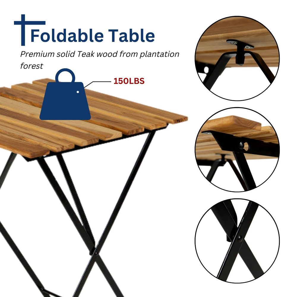 Solid Teak Patio Folding Bistro Set / 3 Piece Foldable Patio Furniture Table and Chairs with 2 cushions