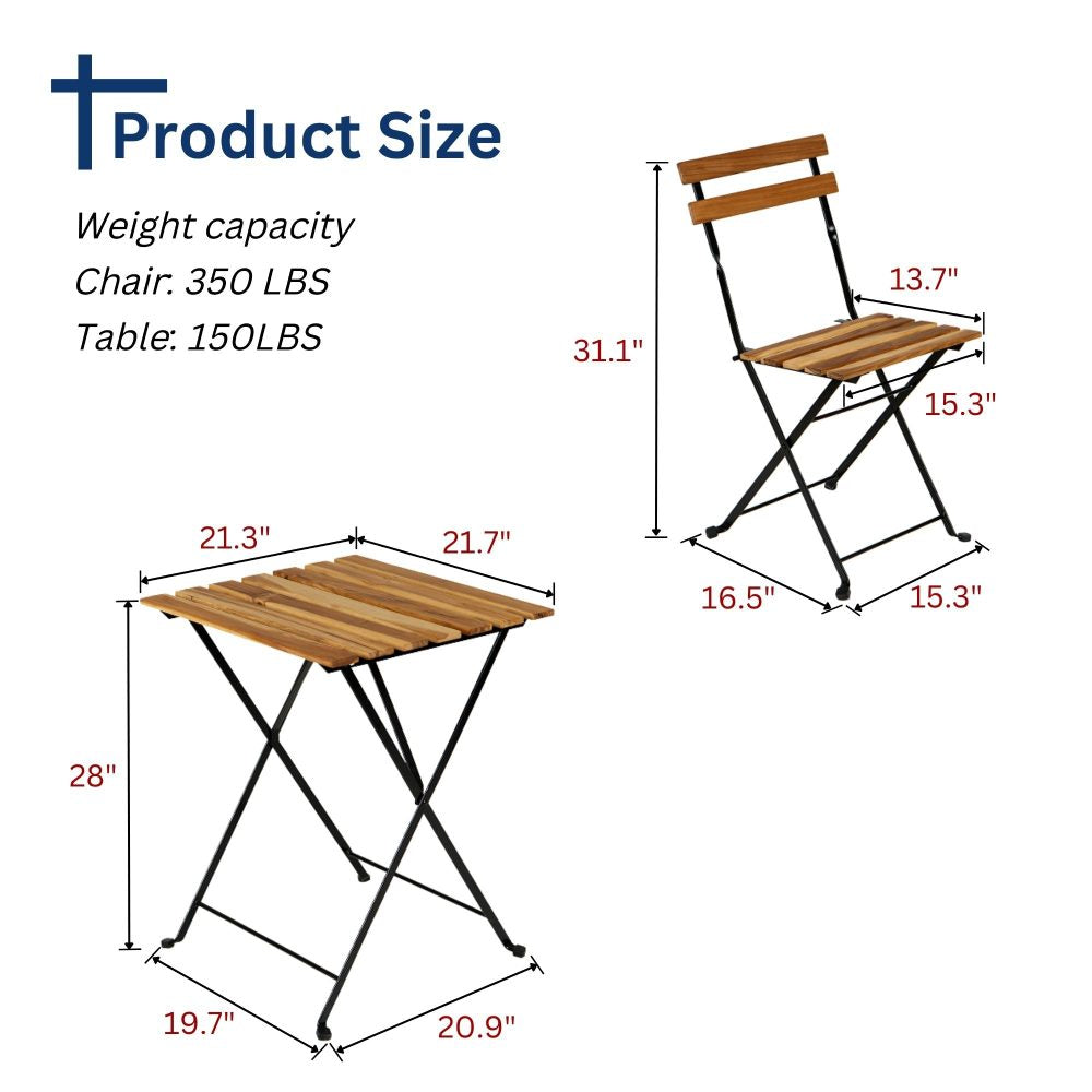 Solid Teak Patio Folding Bistro Set / 3 Piece Foldable Patio Furniture Table and Chairs with 2 cushions