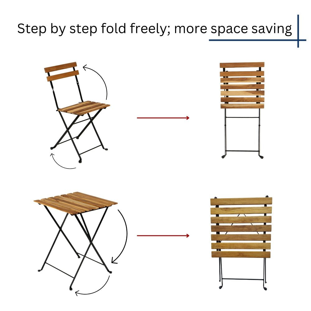 Solid Teak Patio Folding Bistro Set / 3 Piece Foldable Patio Furniture Table and Chairs with 2 cushions
