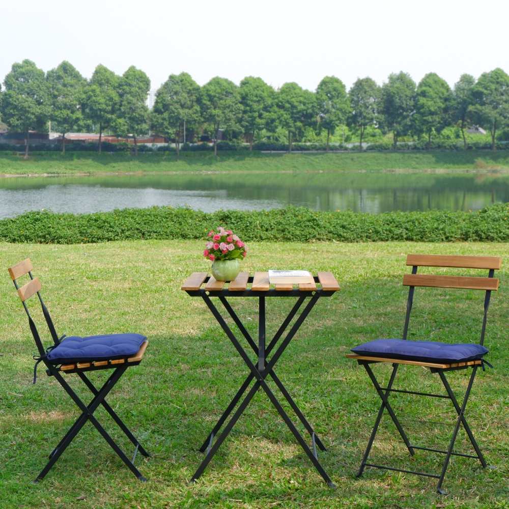 Solid Teak Patio Folding Bistro Set / 3 Piece Foldable Patio Furniture Table and Chairs with 2 cushions