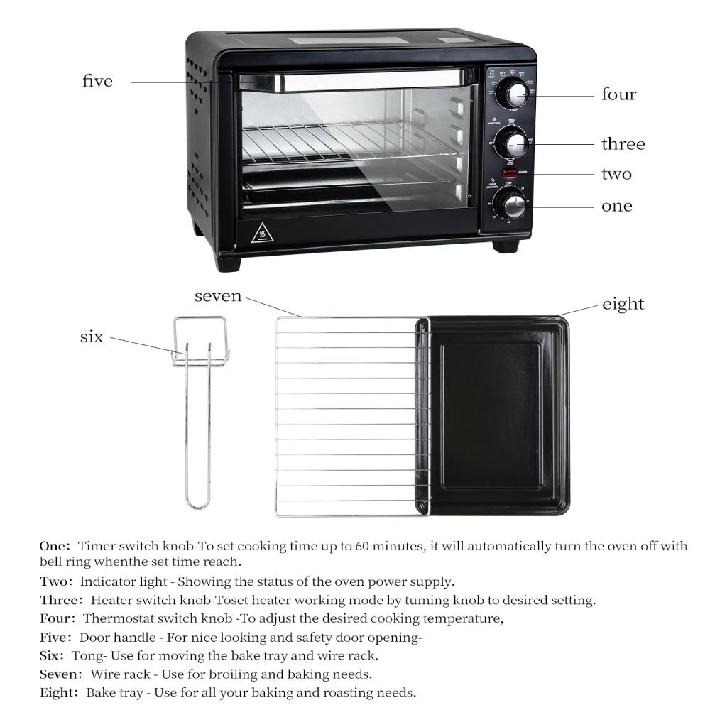 Countertop Toaster Oven 1200W with Timer, Bake, Broil, Toast, Black