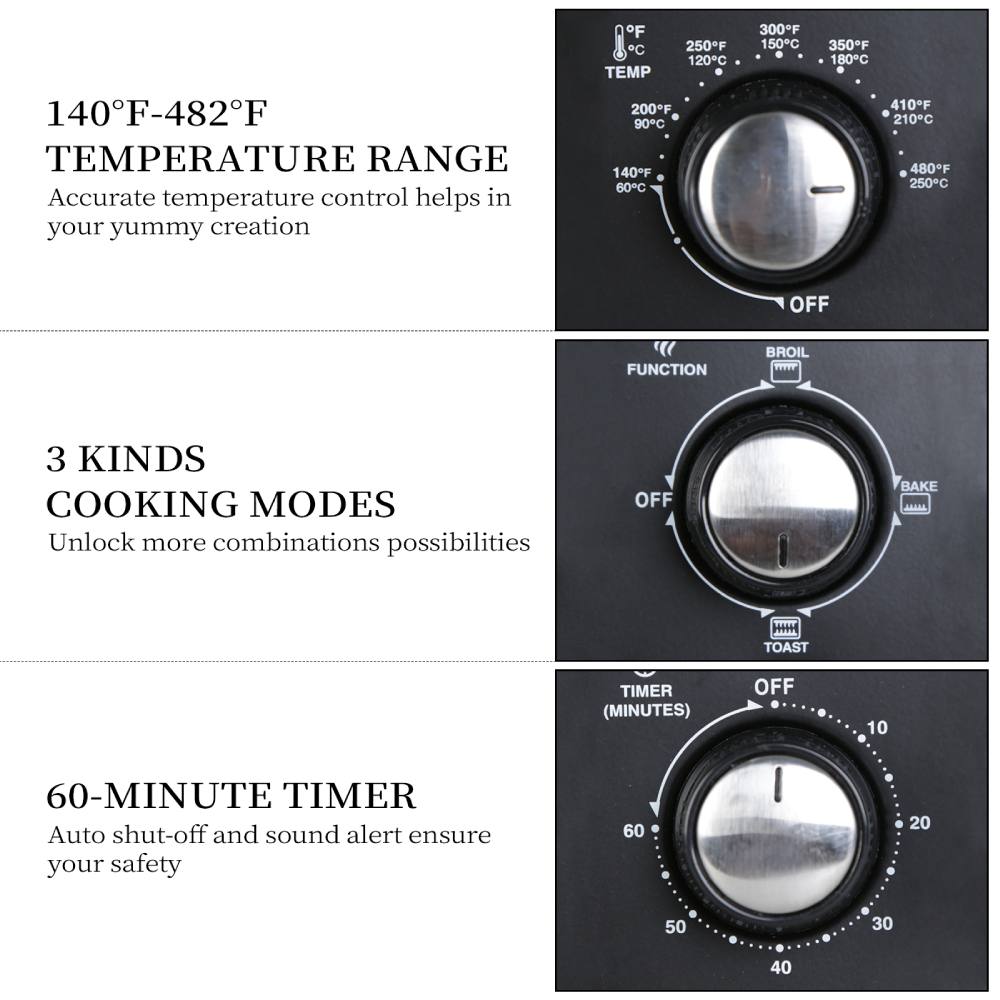 Countertop Toaster Oven 1200W with Timer, Bake, Broil, Toast, Black