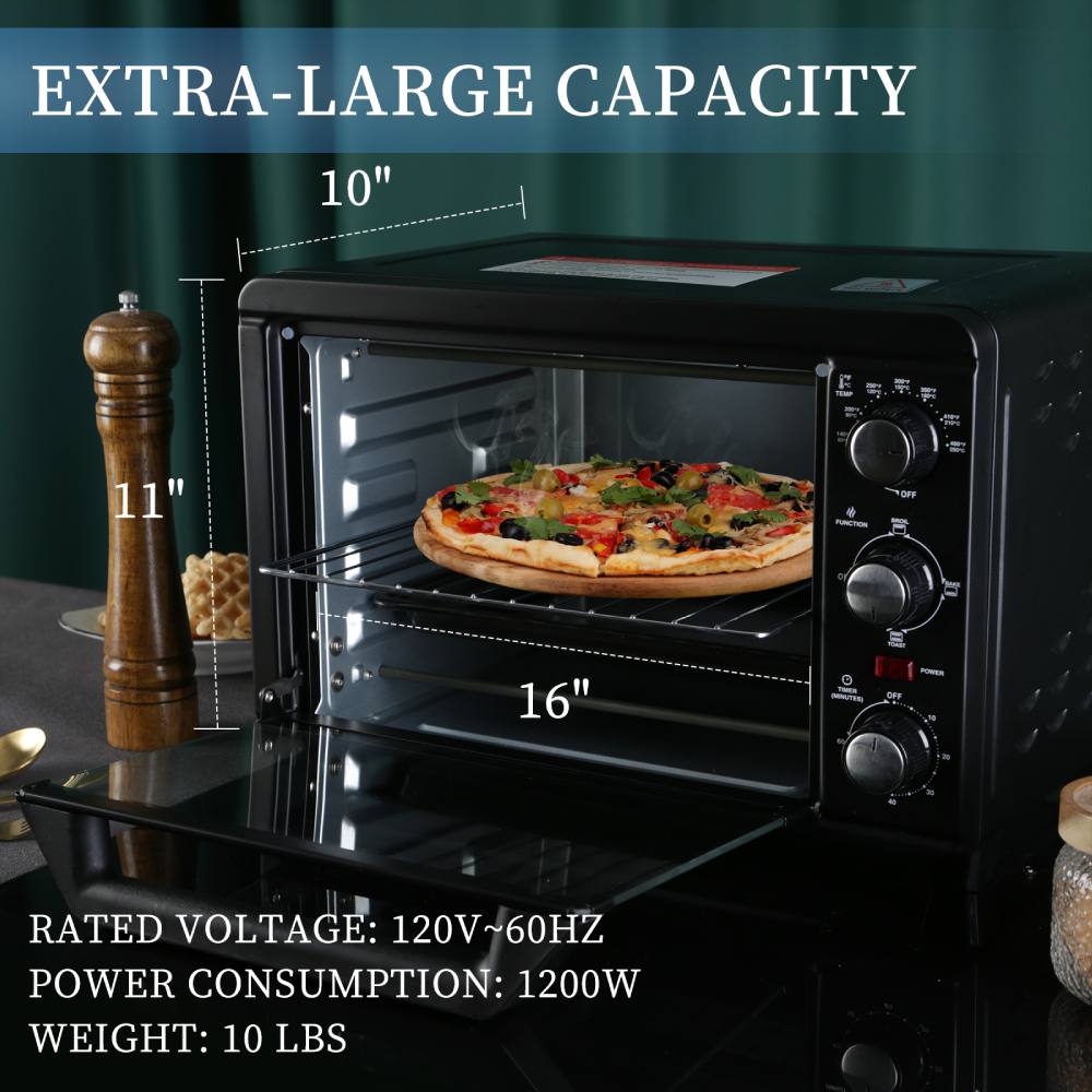 Countertop Toaster Oven 1200W with Timer, Bake, Broil, Toast, Black