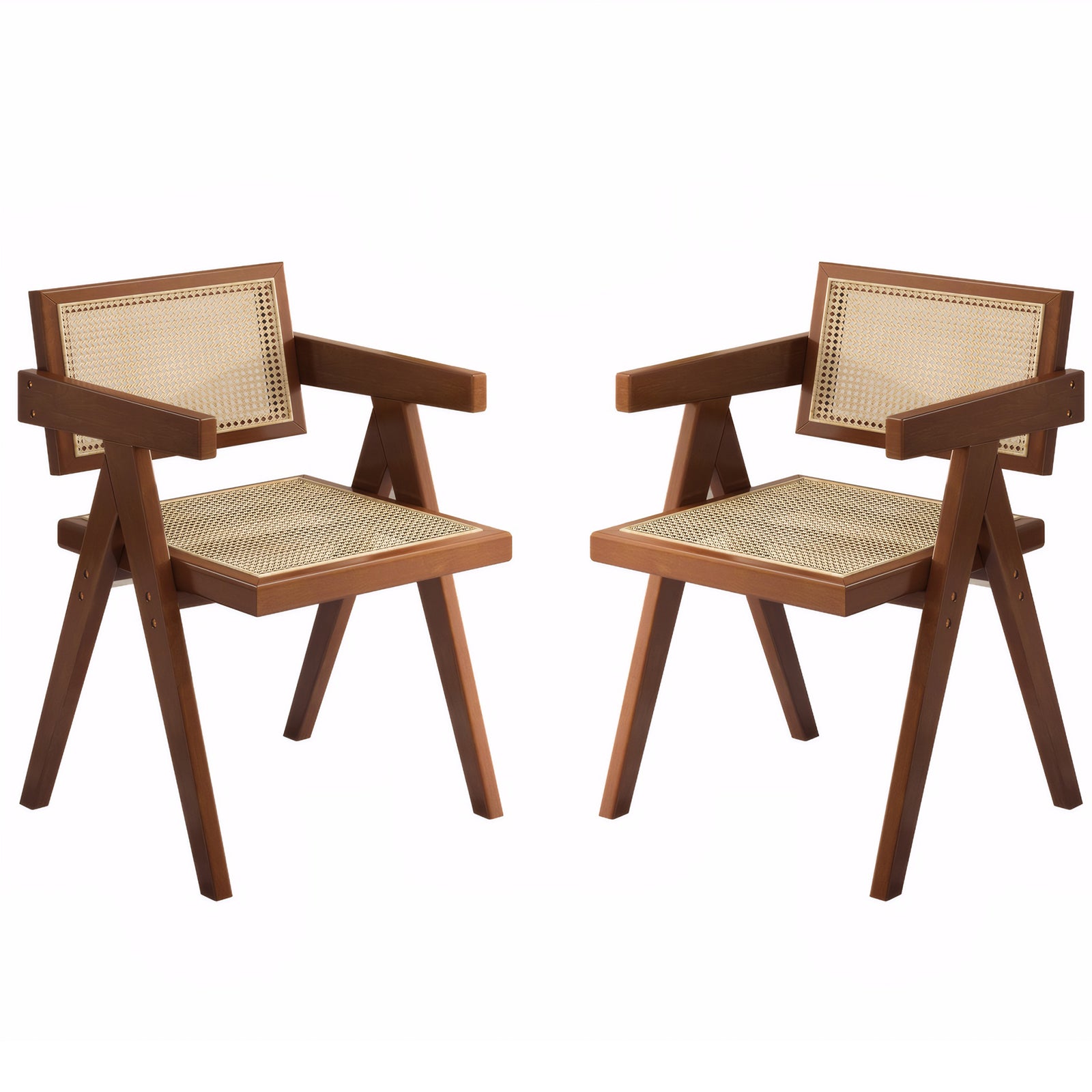 Modern Mid Century Dining Chairs Set of 2, Rattan Accent Chairs, Comfy Armchairs, Outdoor Wood Chairs with Armrest for Bedroom Living Room Reading Room Dining Kitchen