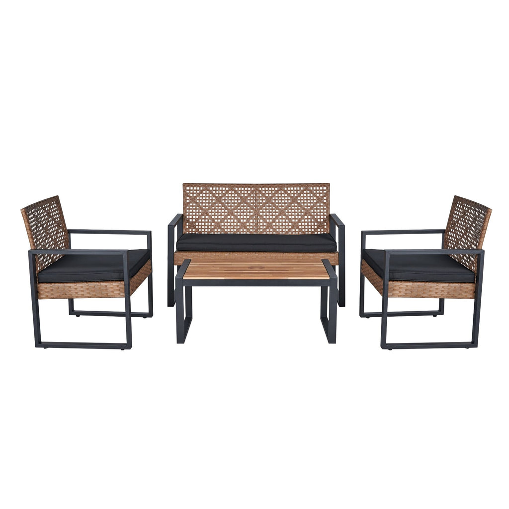 4-Piece Patio Furniture Set, Outdoor Balcony & Garden Seating with Acacia Wood Tabletop, Modern Black & Light Brown