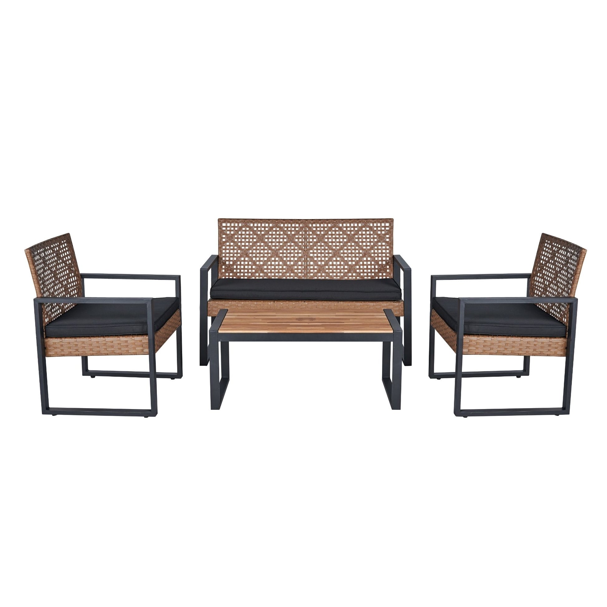 4-Piece Patio Furniture Set, Outdoor Balcony & Garden Seating with Acacia Wood Tabletop, Modern Black & Light Brown