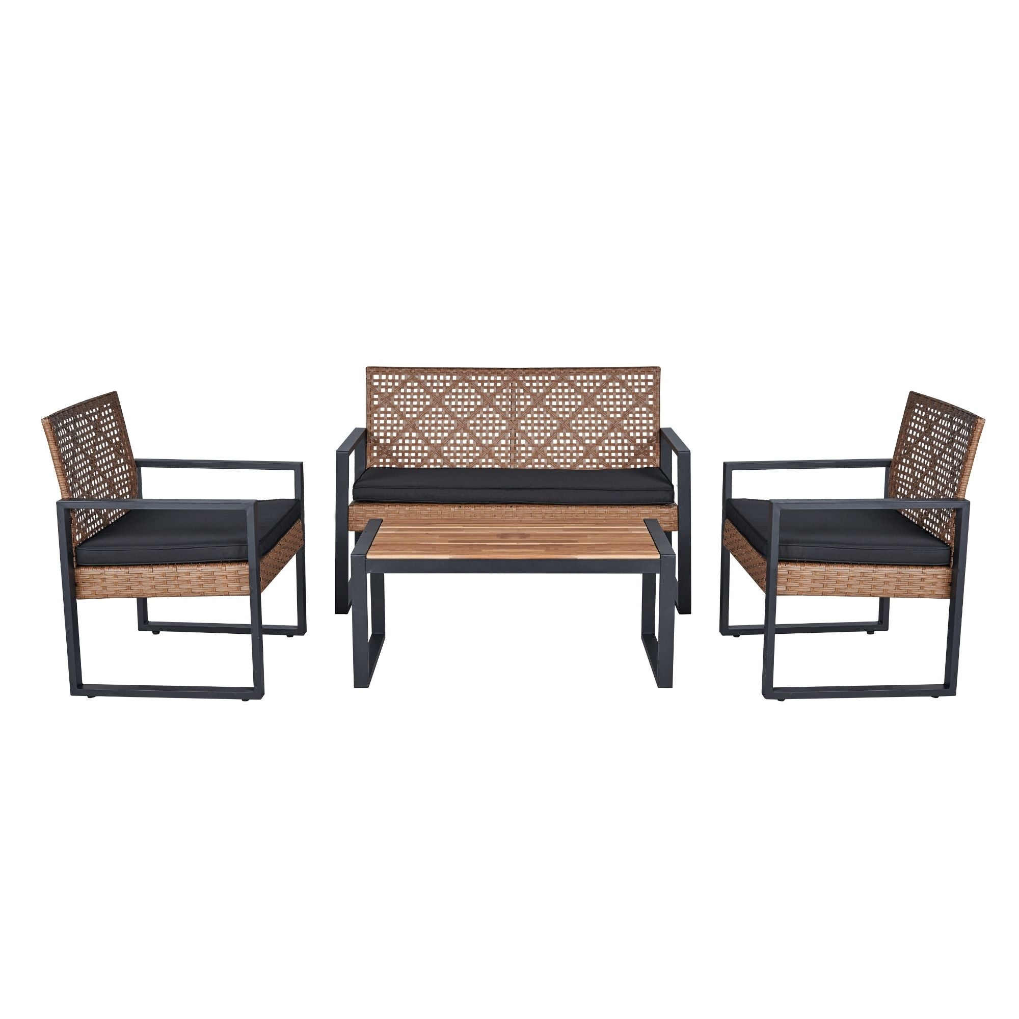 4-Piece Patio Furniture Set, Outdoor Balcony & Garden Seating with Acacia Wood Tabletop, Modern Black & Light Brown