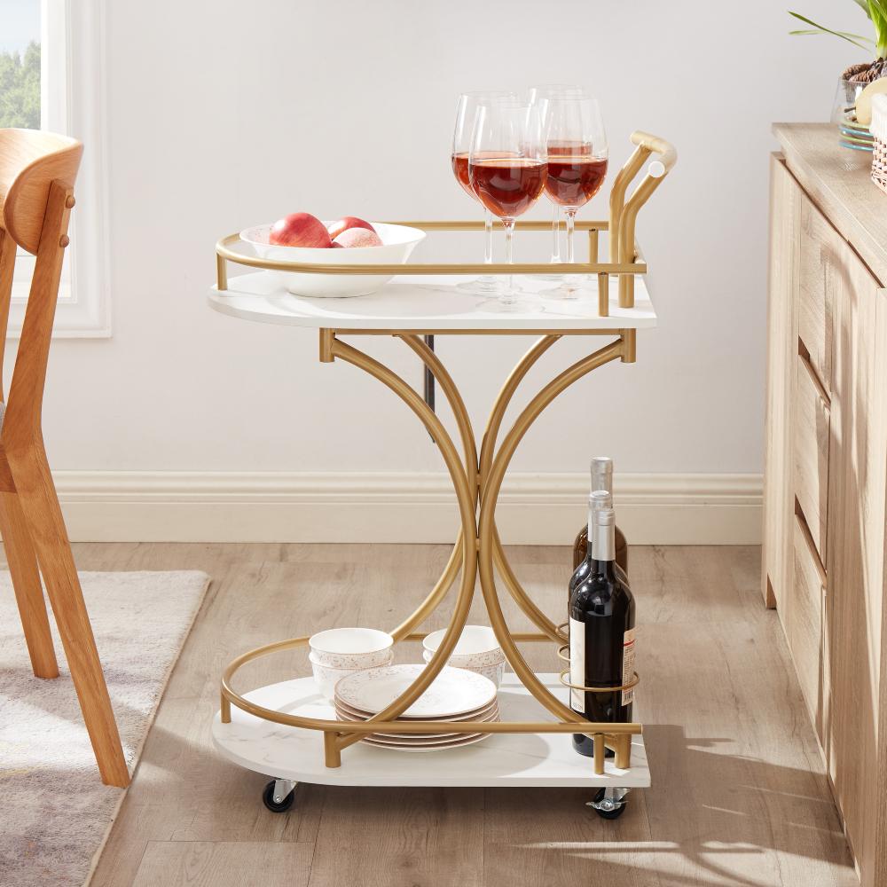 2-Tier Wine Bar Cart / Rolling Bar Drink Serving Cart with Handle, Wine Rack and Glass Holder for Kitchen, Club, Living Room, Bar, Restaurant