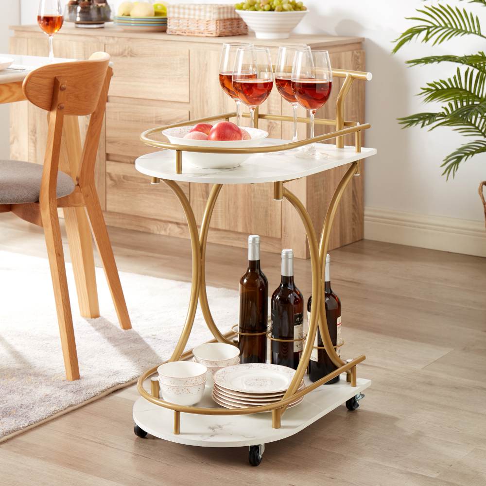 2-Tier Wine Bar Cart / Rolling Bar Drink Serving Cart with Handle, Wine Rack and Glass Holder for Kitchen, Club, Living Room, Bar, Restaurant