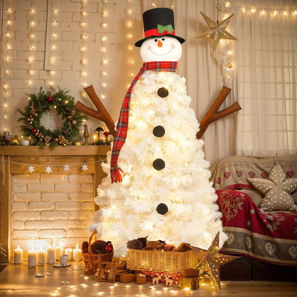 4ft Pre-Lit Snowman Christmas Tree with 100 Lights, 380-Tip PVC Artificial Tree for Indoor/Outdoor Holiday Decoration
