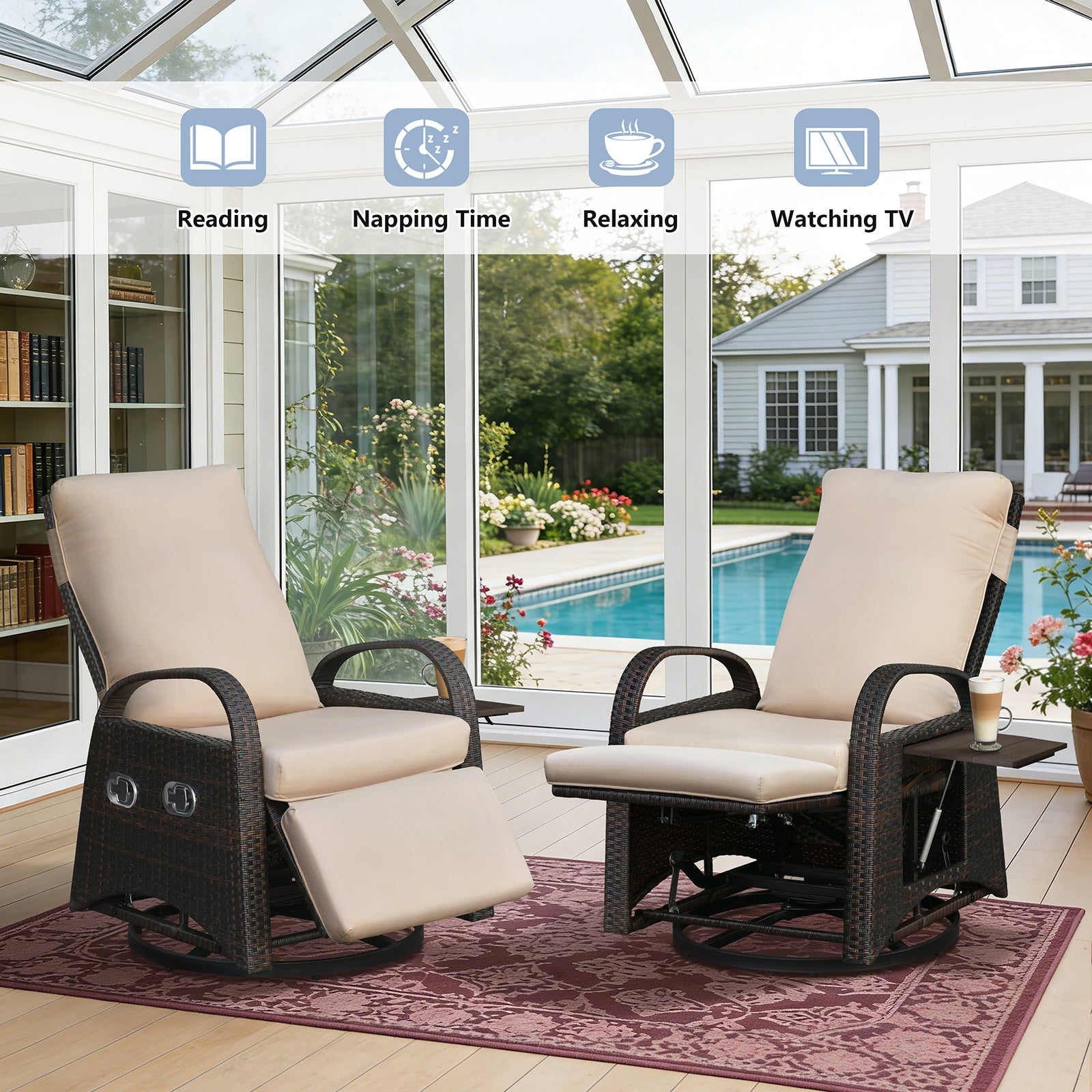 Arttoreal Outdoor Swivel Rattan Lounge Chair, 42.2 inches high,  – Indoor/Outdoor Recliner with Side Table