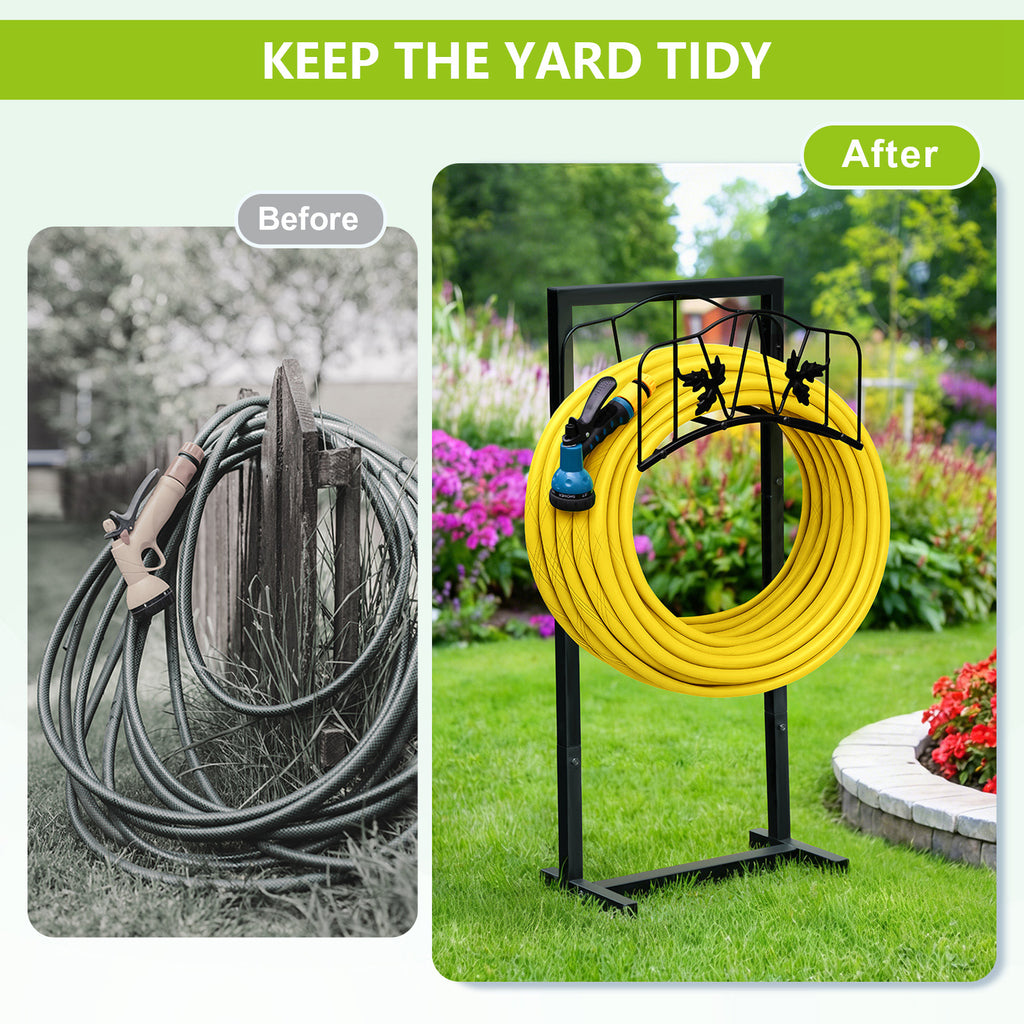 Arttoreal Freestanding Garden Hose Holder, Metal Water Hose Stand with 4 Ground Stakes, Detachable Storage Rack for Yard Lawn Patio