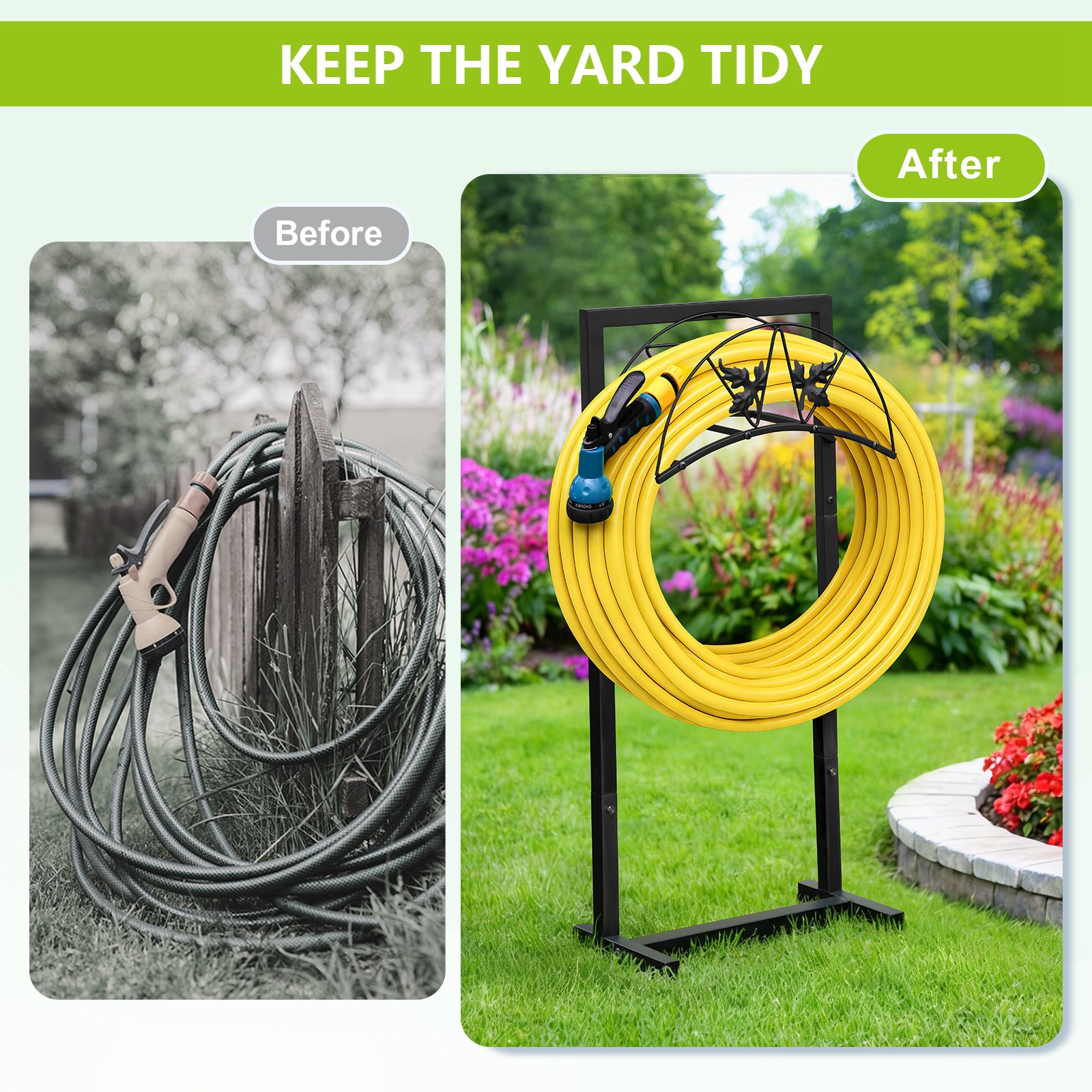 Arttoreal Freestanding Garden Hose Holder, Metal Water Hose Stand with 4 Ground Stakes, Detachable Storage Rack for Yard Lawn Patio