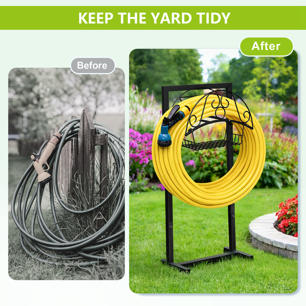Arttoreal Freestanding Garden Hose Holder, Metal Water Hose Stand with 4 Ground Stakes, Detachable Storage Rack for Yard Lawn Patio