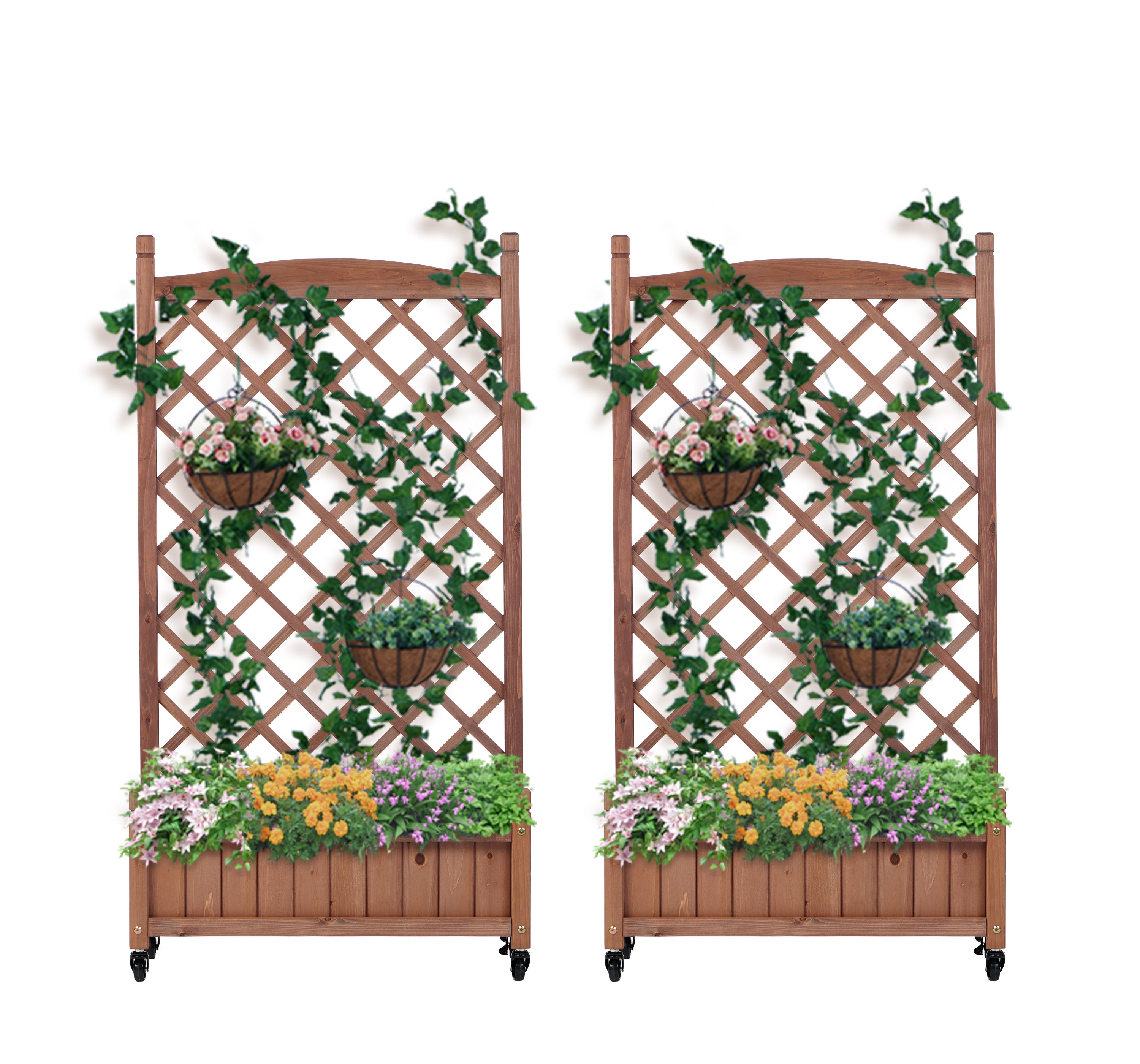 Raised Garden Beds with Trellis (Pack of 2), Outdoor Wooden Flower Boxes and Plant Stands with Climbing Frames