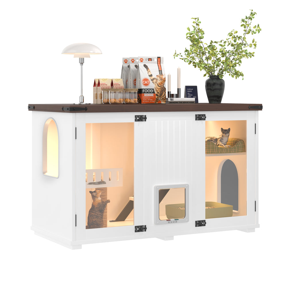 47.25" Large Cat Litter Box Enclosure with LED Light, Hidden Litter Box Furniture, Cat House with Stairs and Cat Scratching Post, Cat Cabinet Side Table with Smart Doors for Living Room, White