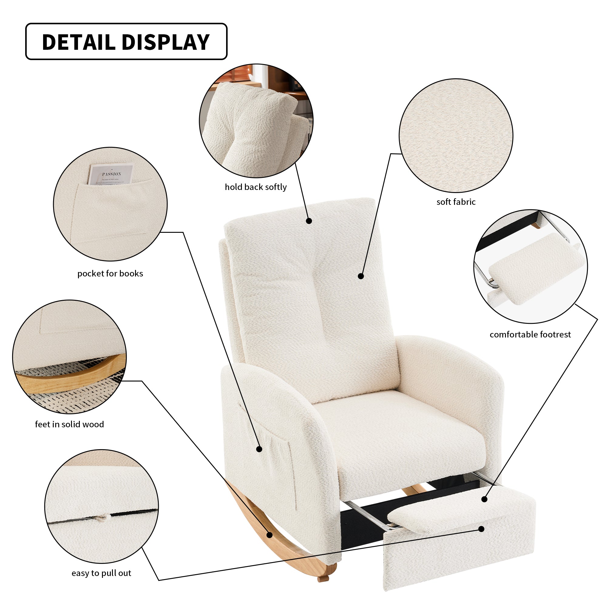 Rocking chair with footstool, high back, rubber wood rocking legs, bedroom living room