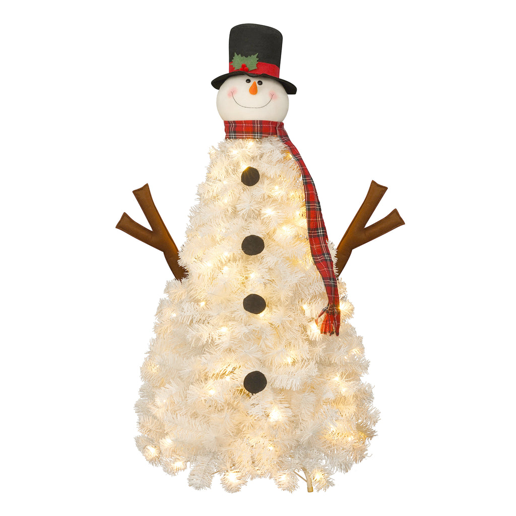 4ft Pre-Lit Snowman Christmas Tree with 100 Lights, 380-Tip PVC Artificial Tree for Indoor/Outdoor Holiday Decoration