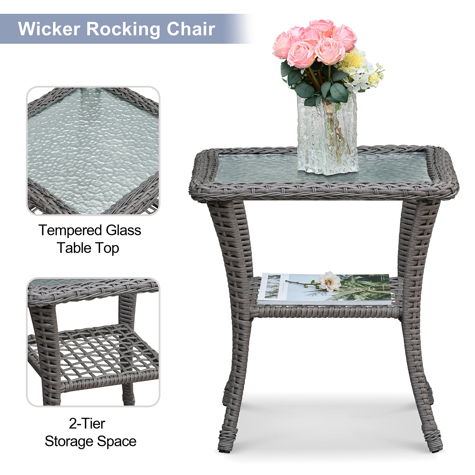 Arttoreal Outdoor Swivel Rocker Patio Chairs Set of 2 and Matching Side Table / 3 Piece Wicker Patio Bistro Set with Premium Fabric Cushions