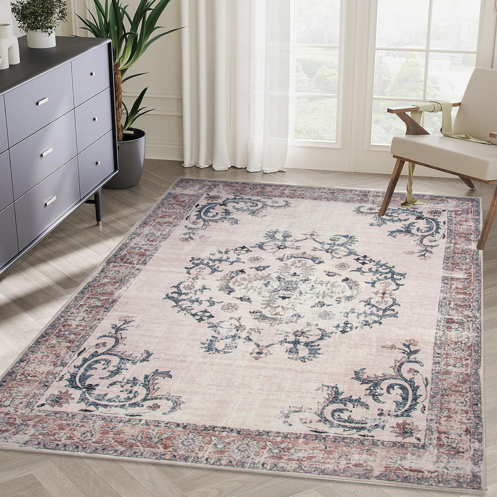 Vintage Bohemian Living Room Area Rug 5x7, Non-Slip Machine Washable Rug, Traditional Persian Area Rug, Non-Shedding Floor Carpet for Bedroom Dining Room Kitchen Entrance