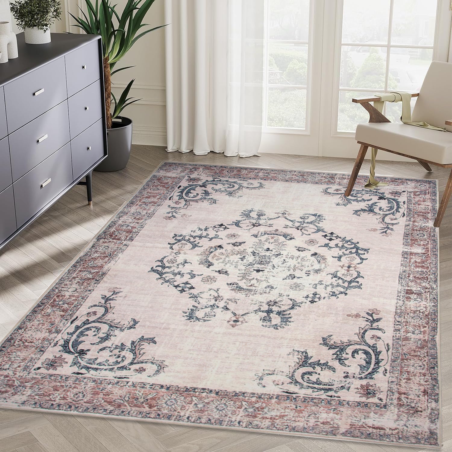 Vintage Bohemian Living Room Area Rug 5x7, Non-Slip Machine Washable Rug, Traditional Persian Area Rug, Non-Shedding Floor Carpet for Bedroom Dining Room Kitchen Entrance