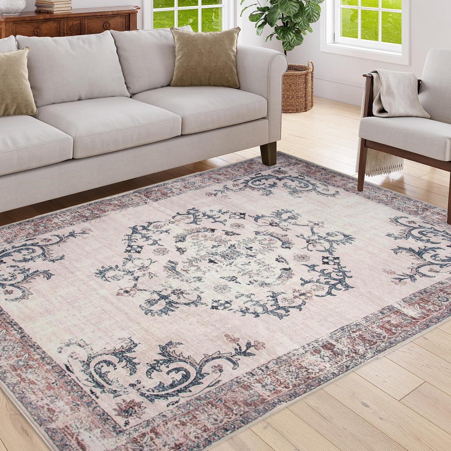 Vintage Bohemian Living Room Area Rug 5x7, Non-Slip Machine Washable Rug, Traditional Persian Area Rug, Non-Shedding Floor Carpet for Bedroom Dining Room Kitchen Entrance