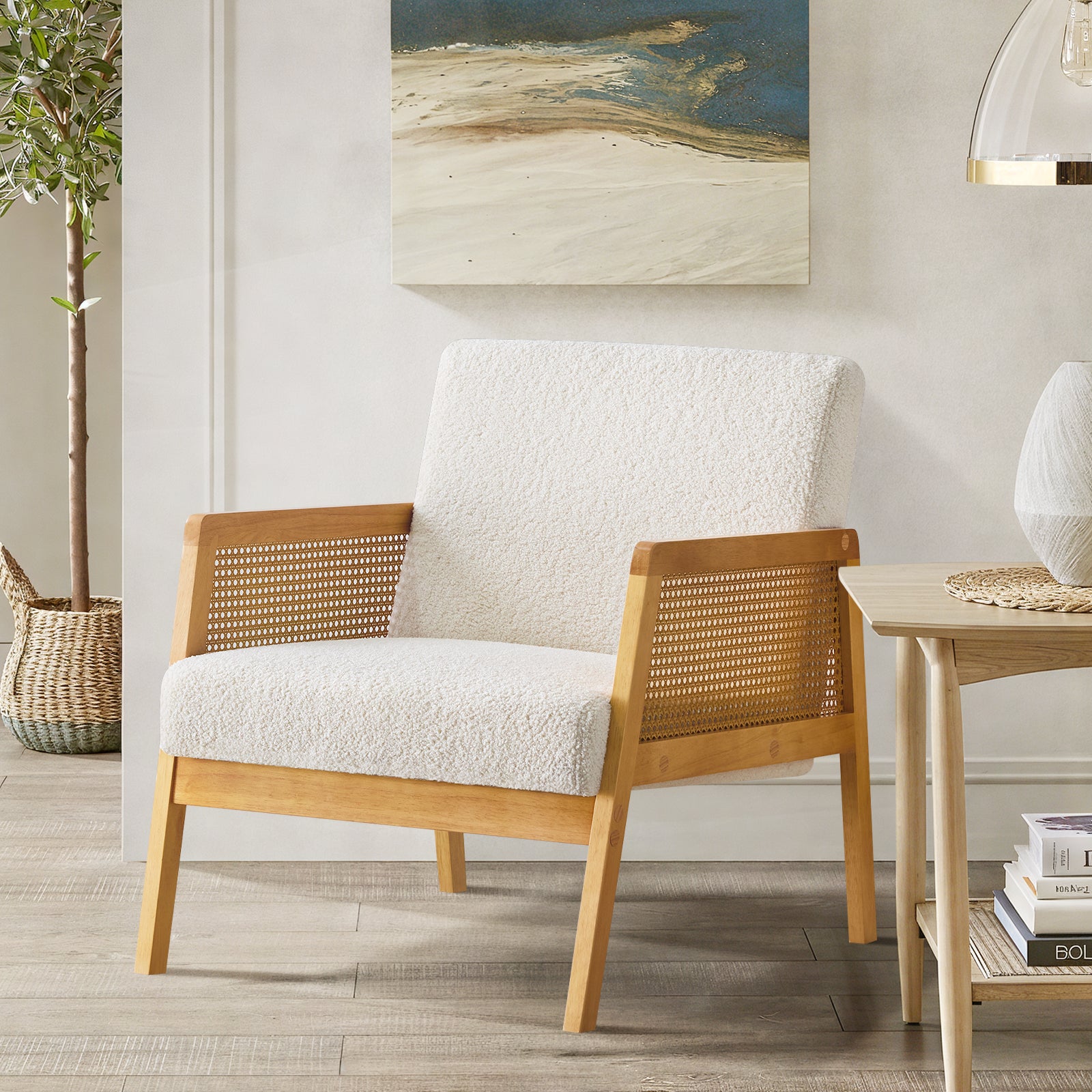 Mid-Century Modern Chair Upholstered in Sherpa Fabric Lounge Armchair, Solid Wood Frame and Upholstered, Suitable for Living Room, Bedroom, Balcony, Ivory White