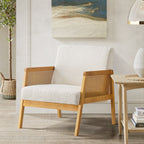 Mid-Century Modern Chair Upholstered in Sherpa Fabric Lounge Armchair, Solid Wood Frame and Upholstered, Suitable for Living Room, Bedroom, Balcony, Ivory White