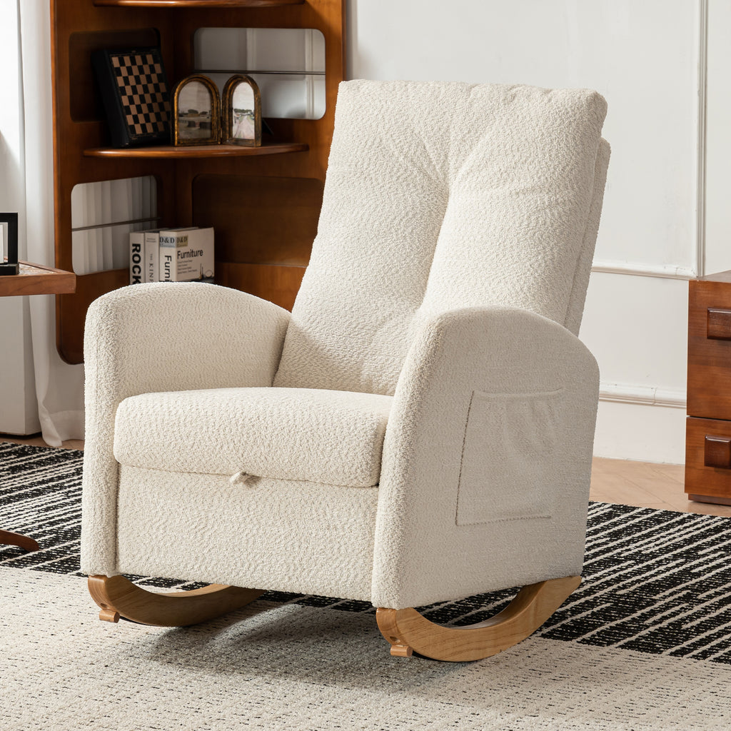 Rocking chair with footstool, high back, rubber wood rocking legs, bedroom living room