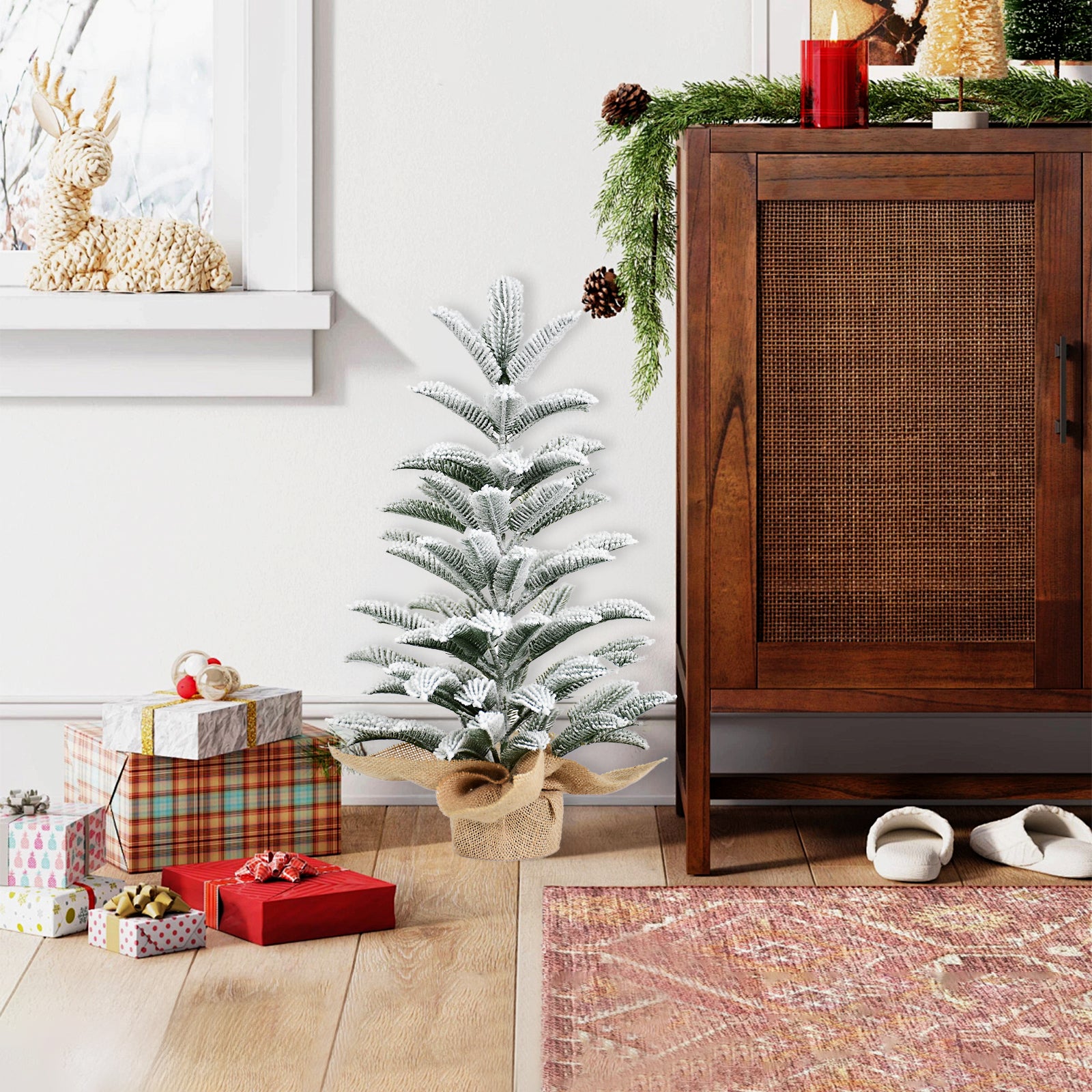 50CM Flocked Tabletop Christmas Tree, Snowy Mini PE Tree with 85 Tips & Burlap Base, Small Winter Holiday Décor for Home, Office or Gift Display