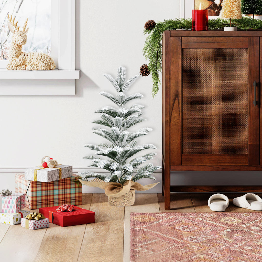 50CM Flocked Tabletop Christmas Tree, Snowy Mini PE Tree with 85 Tips & Burlap Base, Small Winter Holiday Décor for Home, Office or Gift Display